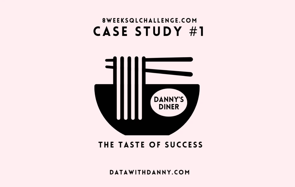 stylized icon image of bowl and chopsticks holding noodles in black with the words Danny's Diner on a pink background.